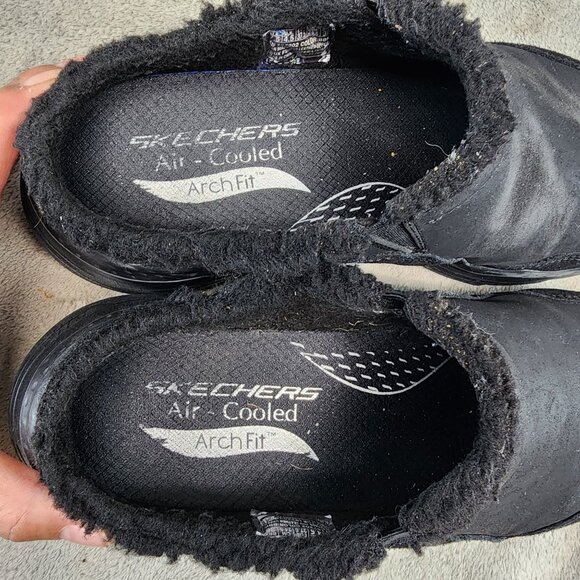 Skechers Shoes Womens 7.5 Black Leather & Textile Arch Fit Slip On Sneaker Clog - Picture 8 of 10